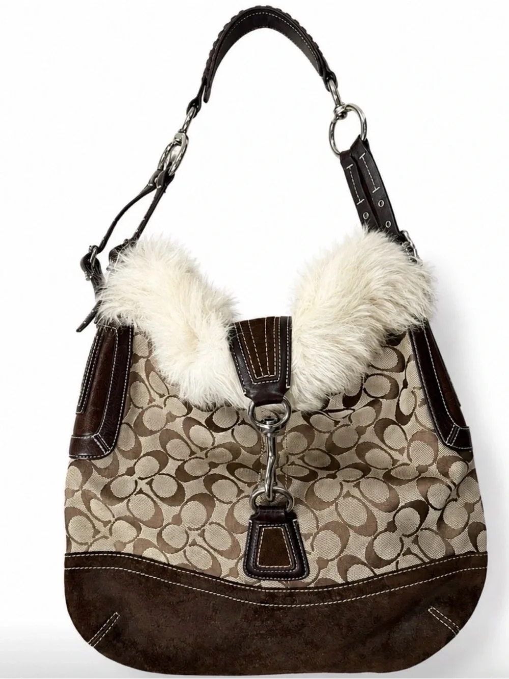 Coach Brown Signature Hobo with Cream Fur Trim